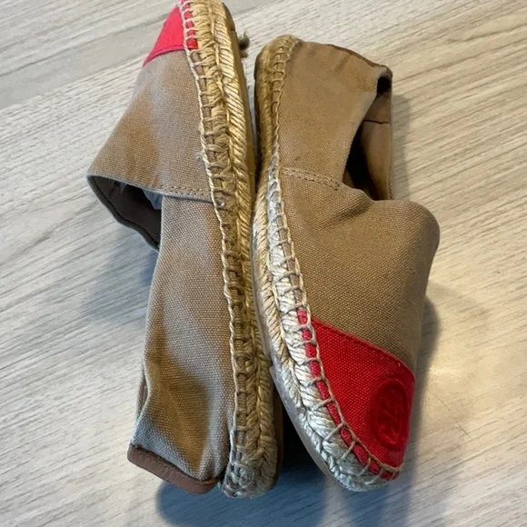 Tory Burch Color Block Espadrille Flat Canvas Tan Red- Size 7 Medium - Picture 9 of 16